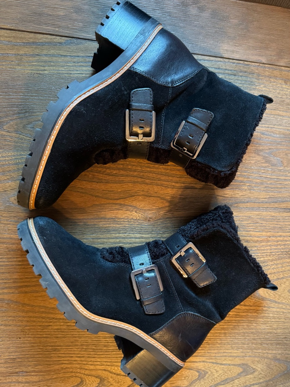 Naturalizer Black Suede Lug Sole Ankle Boots with Buckle Straps